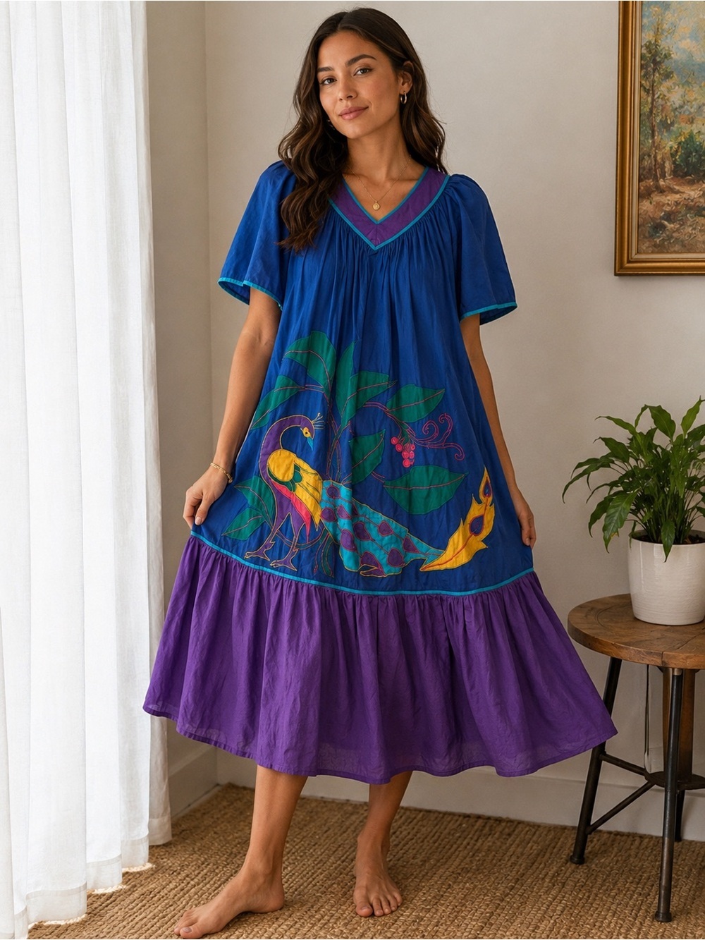 Vintage Southern Image Peacock Applique Cotton Babydoll Dress Size M Vintage